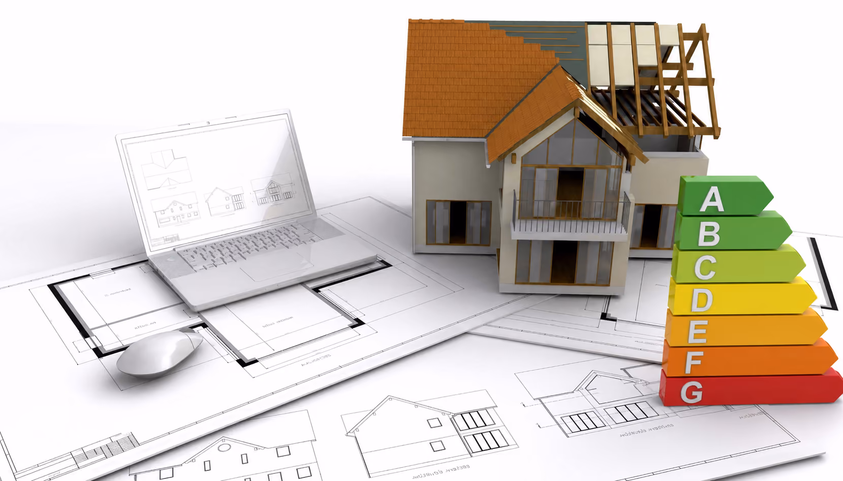 A model house stands on blueprints near a laptop and energy efficiency rating chart.