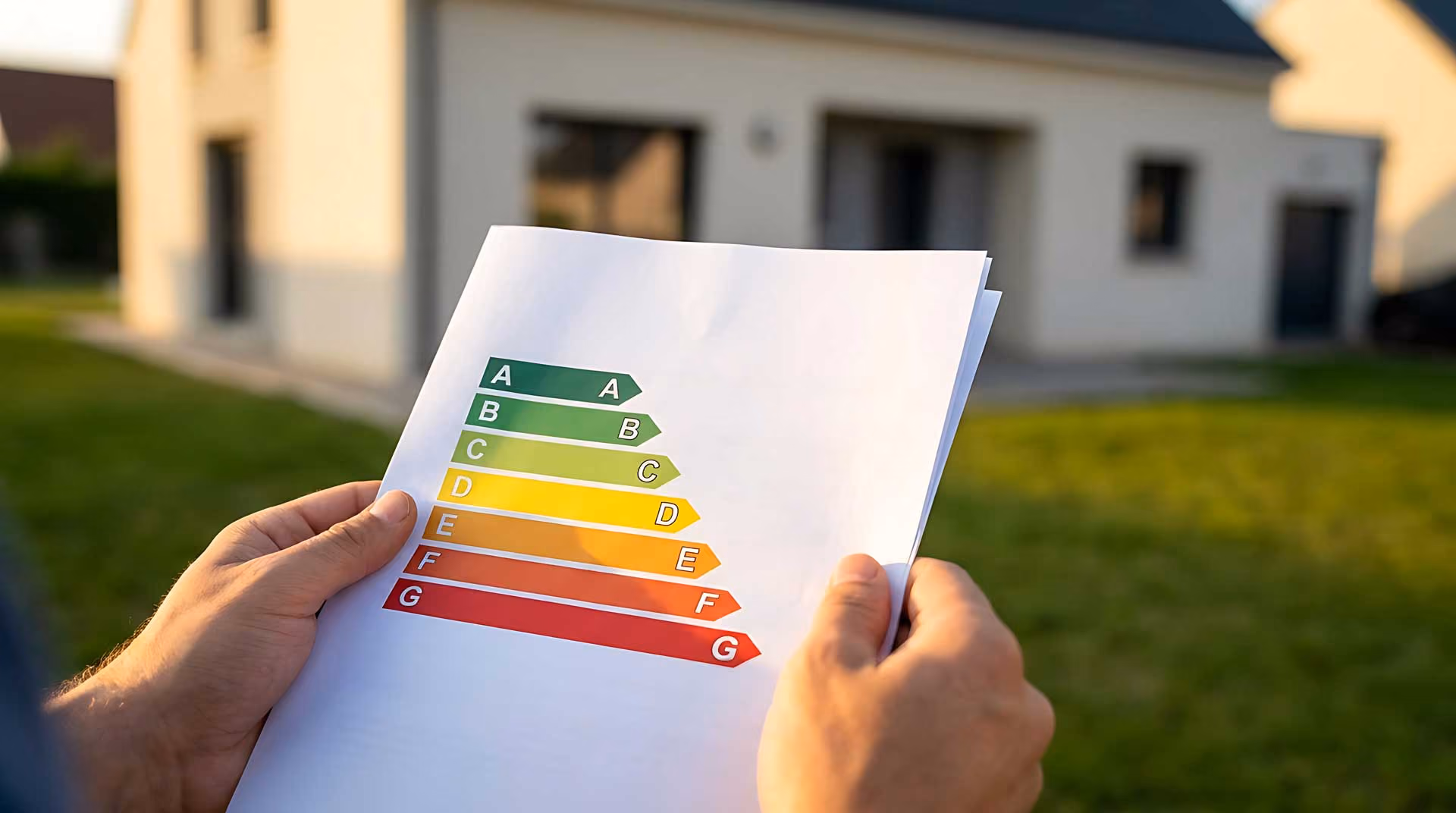 Person holding an energy efficiency chart in front of a house.