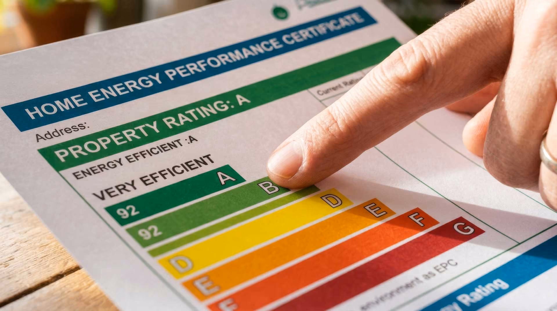 A person points to an energy performance certificate showing a property rating of A.