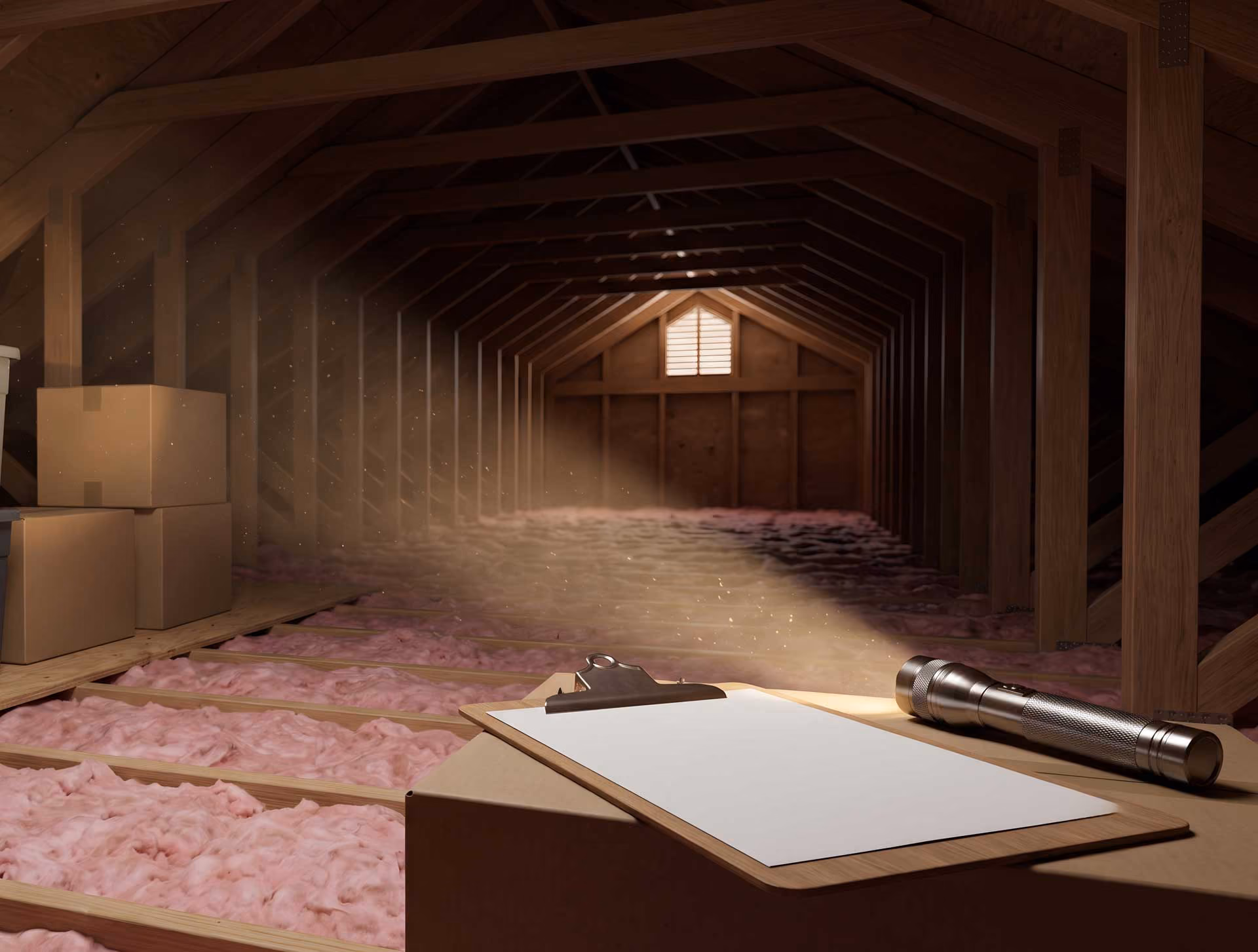 A clipboard and flashlight sit on a box in a sunlit attic with pink insulation.