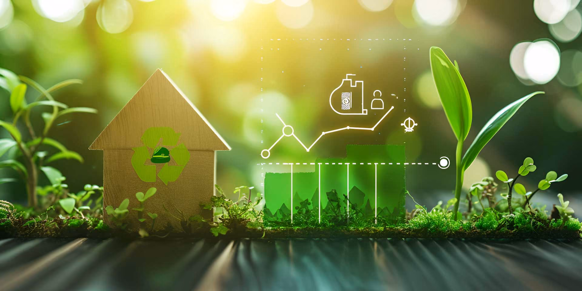 A wooden house model with a recycle symbol is surrounded by green plants and eco-friendly icons.