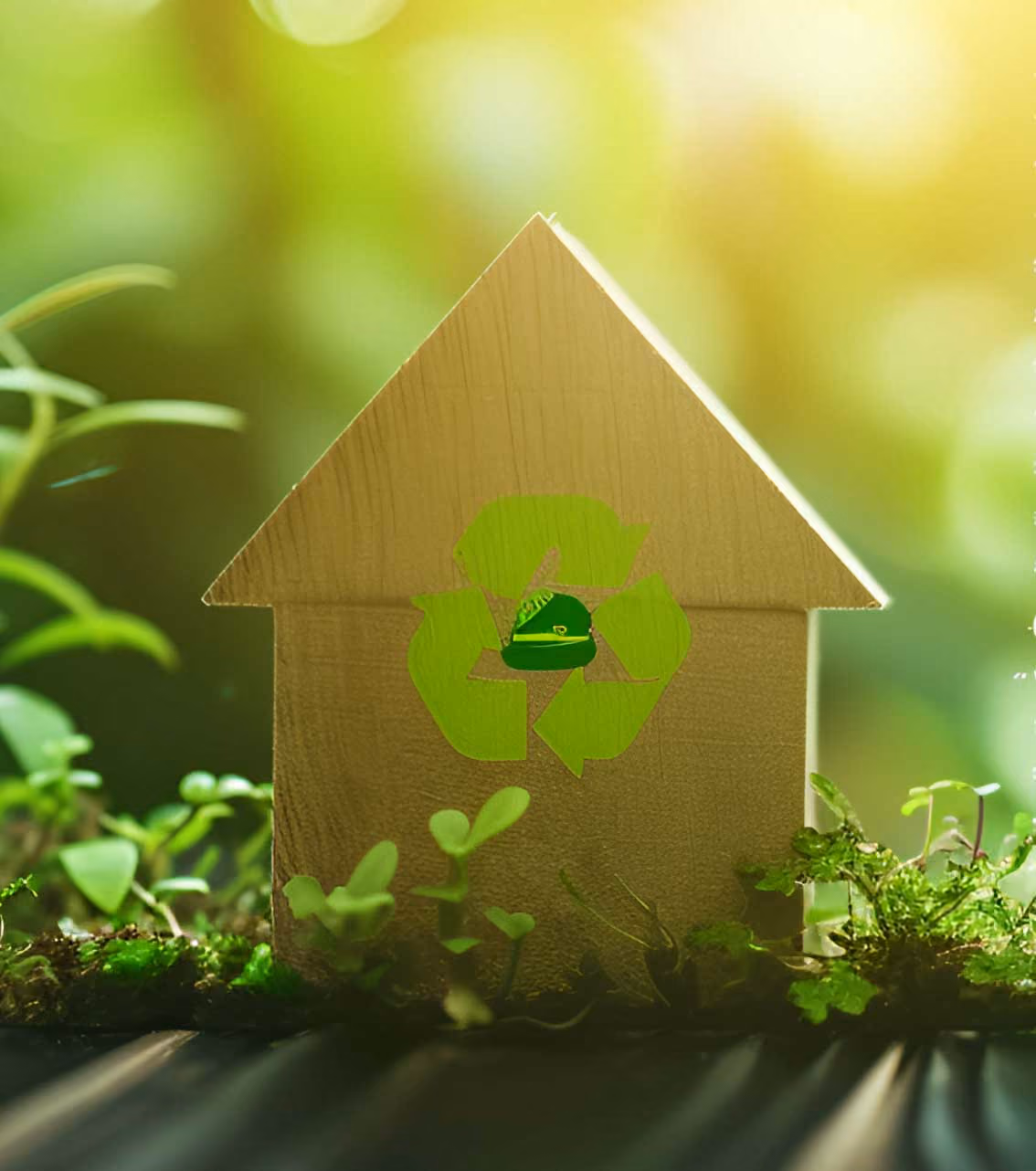 A wooden house-shaped block with a green recycling symbol, surrounded by small plants and sunlight.