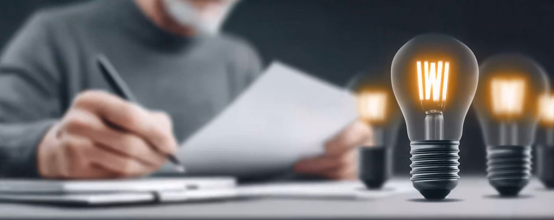 A person writes on paper next to illuminated light bulbs symbolizing ideas and creativity.