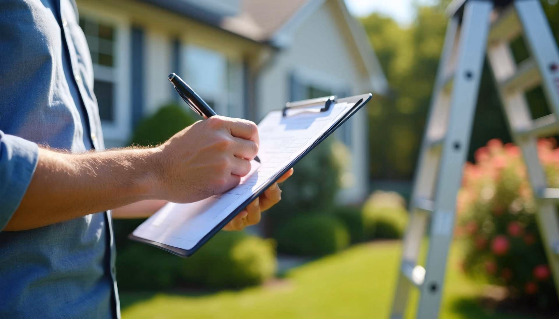 Person writing on a clipboard outdoors near a house and a ladder.