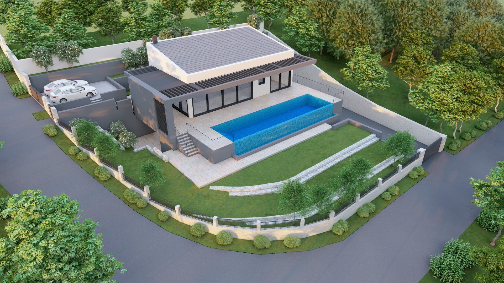 Lote 1V, vista aérea da moradia e piscina