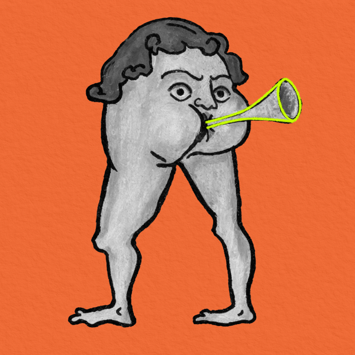 Medieval marginalia figure blowing a trumpet from behind, on an orange square