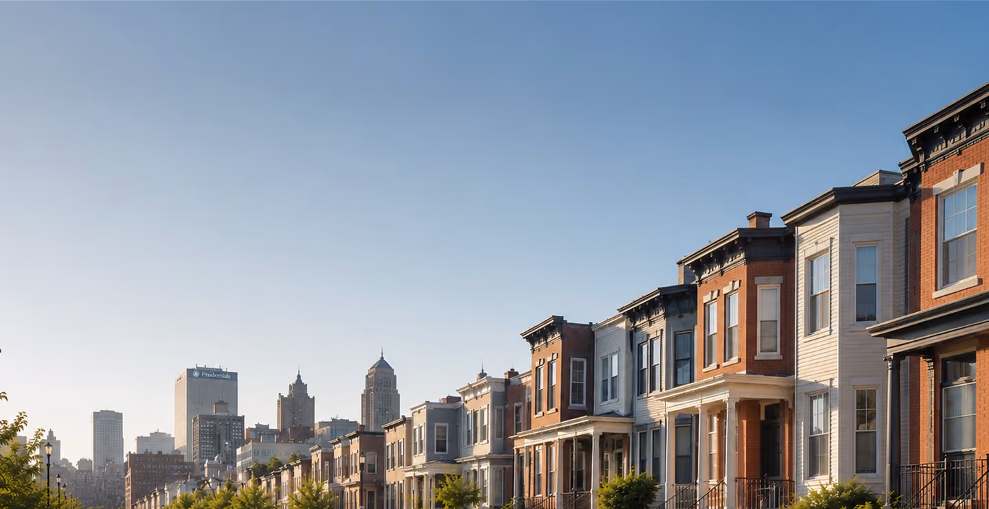 New Jersey city rowhomes and skyline