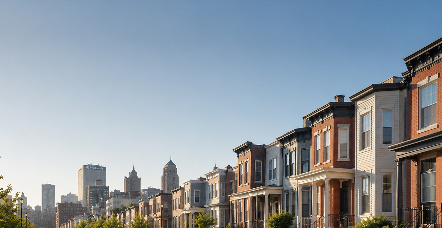 New Jersey city rowhomes and skyline