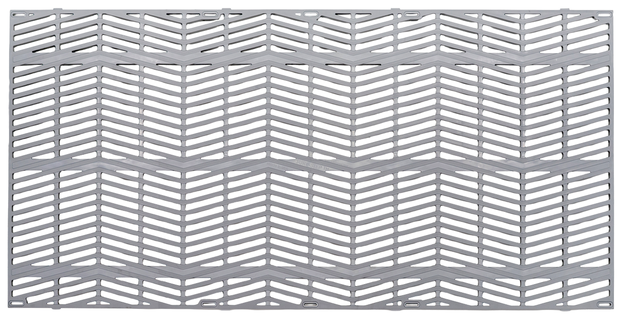 Gray rectangular metal grate with a repeating chevron patterned grid.
