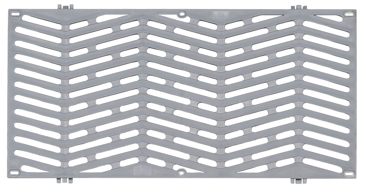 Rectangular grey plastic grate with diagonal slotted openings in a chevron pattern.