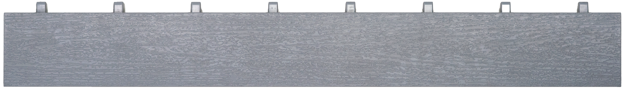 Grey composite decking board with wood grain texture and attachment clips on one edge.