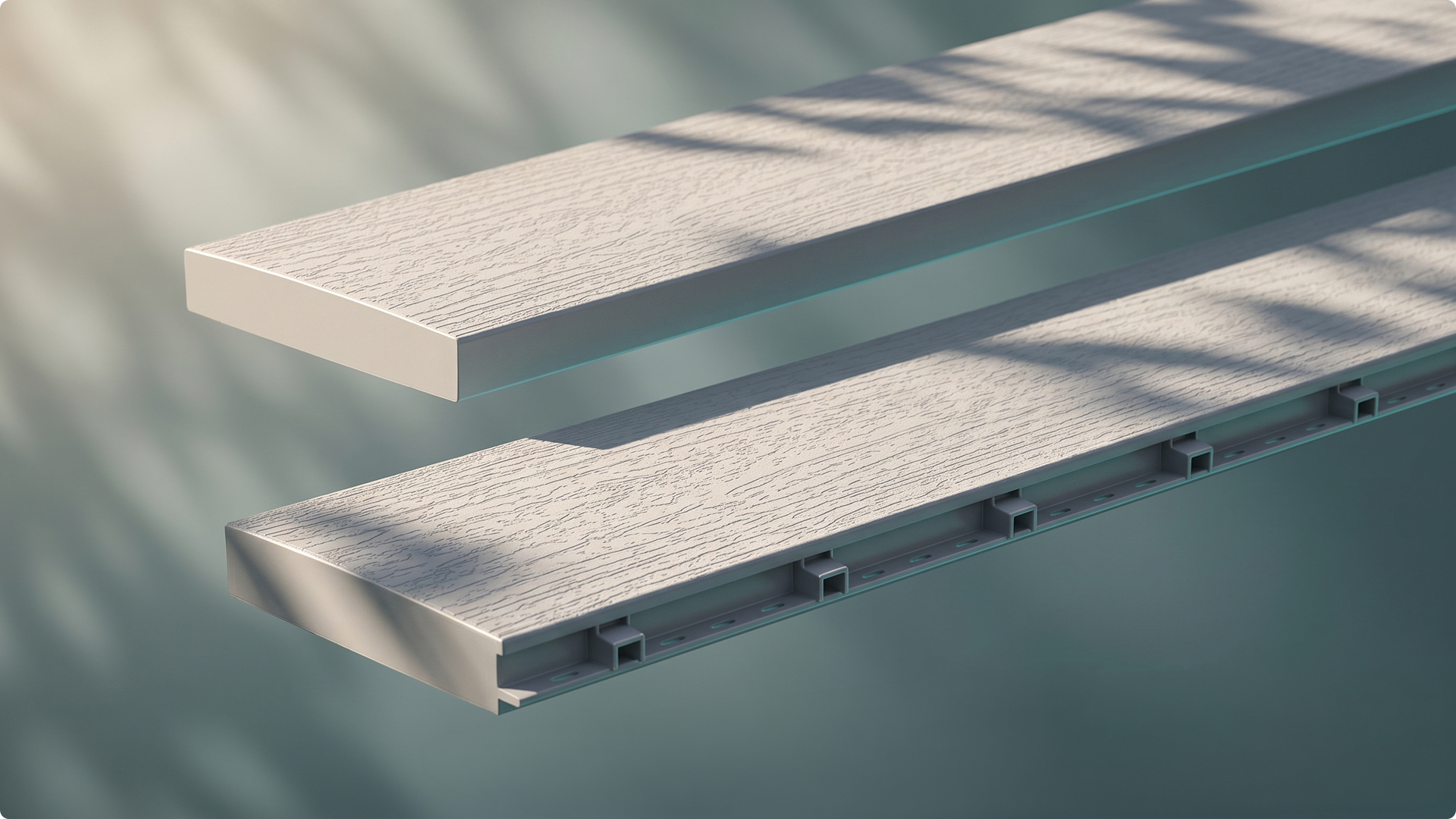 Two beige wood-textured planks with a smooth edge and hidden mounting rails underneath.