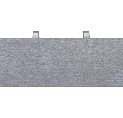 Long grey composite deck board with textured wood grain pattern and plastic clips on top edge.