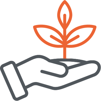 Outlined hand holding a small plant with three leaves, symbolizing growth or care.
