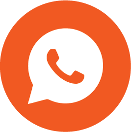 White phone icon inside a speech bubble on an orange circular background.