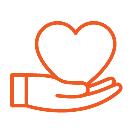 Orange outline of a hand holding a heart shape above the palm.