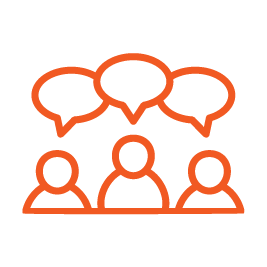 Three orange outline figures with speech bubbles above them representing conversation or communication.
