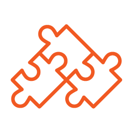 Three interlocking orange puzzle pieces forming a connected shape on a white background.