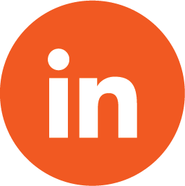 LinkedIn social media icon in white on an orange circle background.