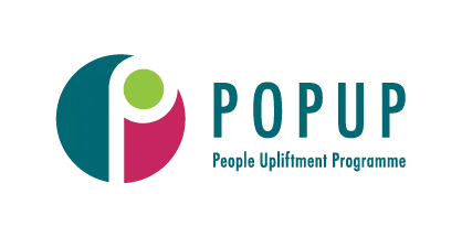 POPUP logo with abstract circular shapes in teal, pink, and green and tagline below.