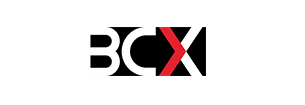 White letters BC and a red X on black background, forming BCX logo.