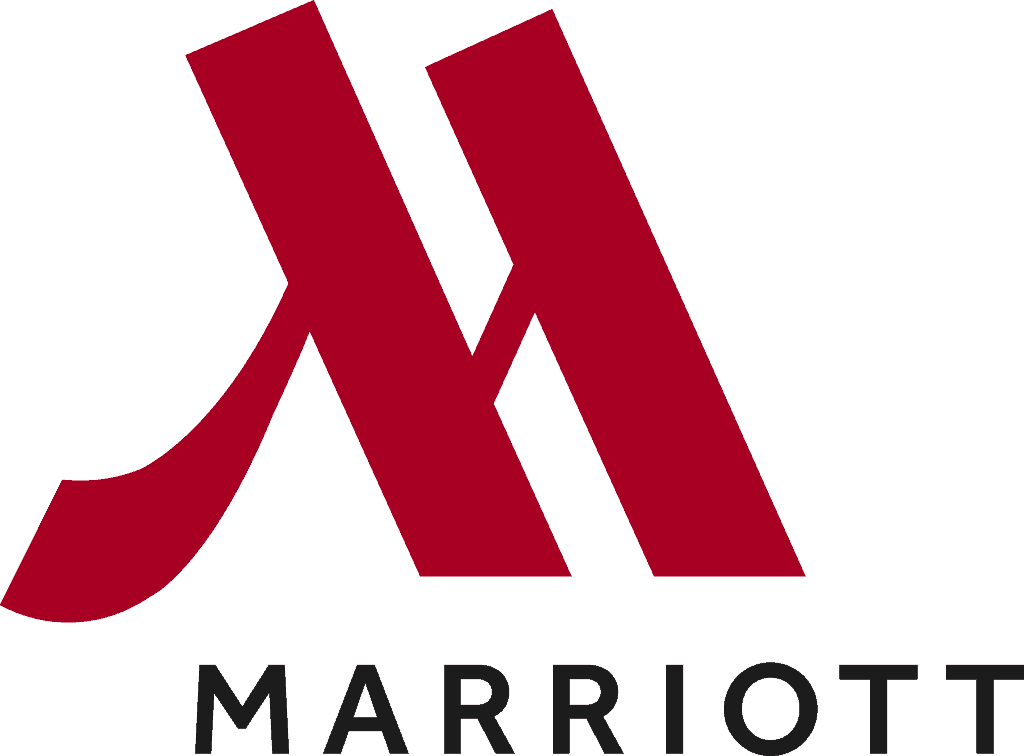 Marriott logo with stylized red M above the black word Marriott on a black background.