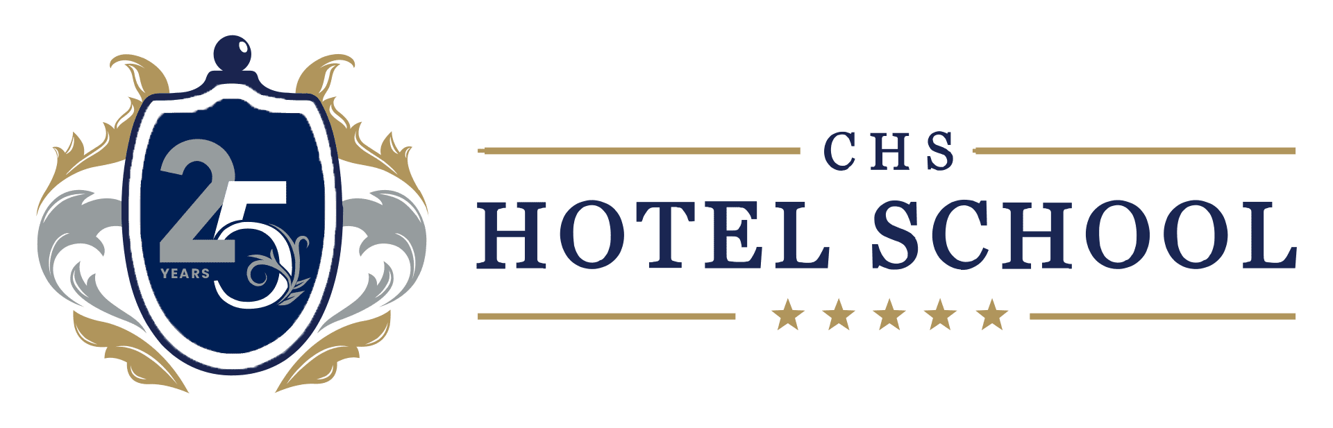 CHS Hotel School logo with a 25 years anniversary emblem and five gold stars.
