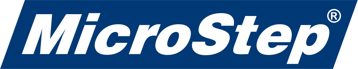 MicroStep brand name in white italic font on a dark blue background with a registered trademark symbol.