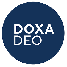 DOXA DEO brand logo in white on a dark blue circular background.