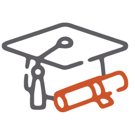 Graduation cap with tassel and a rolled diploma tied with a ribbon icon.