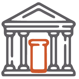 Icon of a classical bank building with four columns and a central vault or safe in orange.
