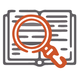 Magnifying glass highlighting lines of text on an open book icon.