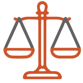 Orange and gray balanced scales symbol representing justice or fairness.