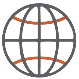 Gray globe icon with two horizontal orange curved lines inside the sphere.