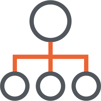 Simple organizational chart icon with one top circle connected to three bottom circles by orange lines.
