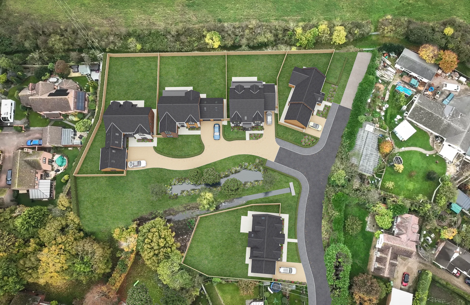 Aerial view of the Lower Moor development, with five new homes set around a landscaped pond