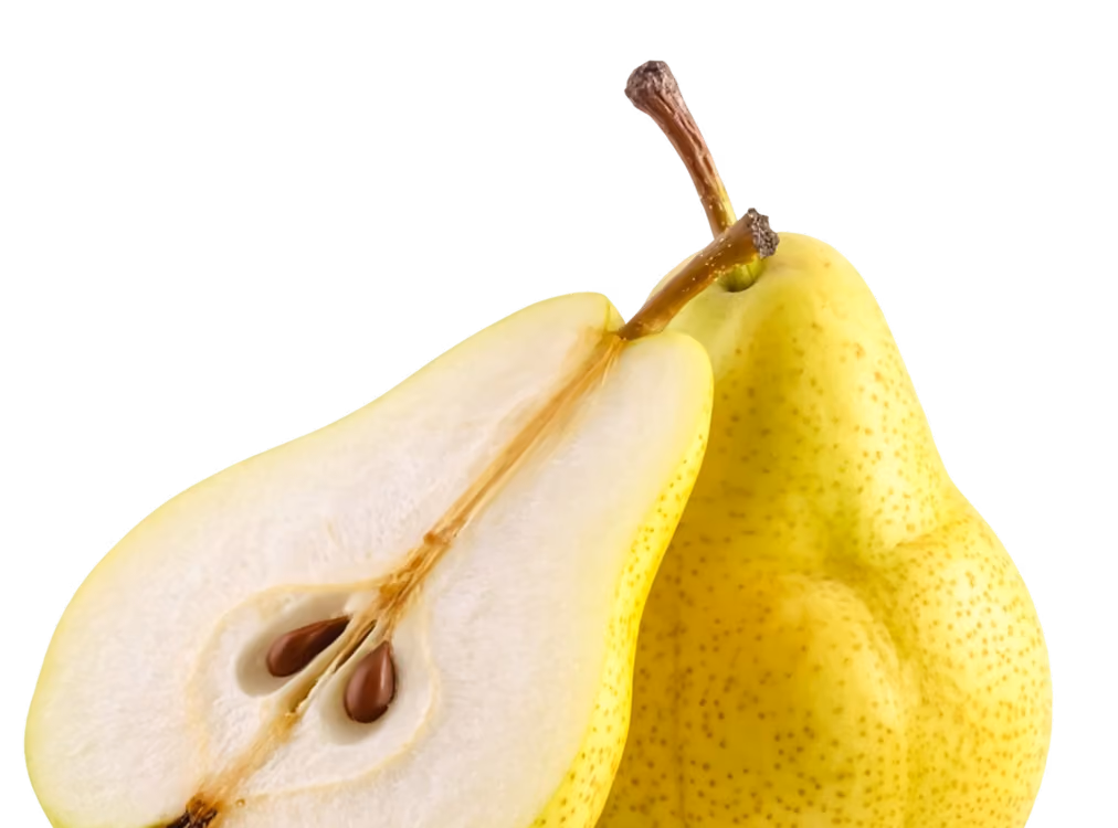 Whole yellow pear and a half pear showing seeds and white flesh on a black background.