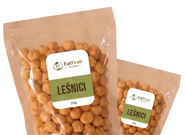 Two packages of EatFruit Invest hazelnuts labeled 'Lešnici,' each weighing 250 grams.