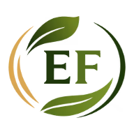 Circle logo with letters EF and green leaves inside, symbolizing nature and freshness.