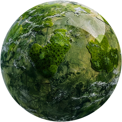 Green and gray textured planet with patches of moss-like vegetation on its surface.