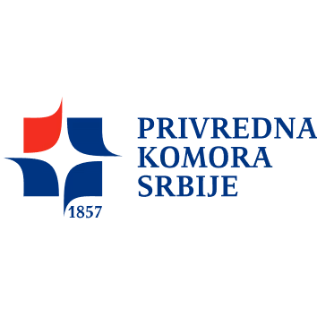 Logo with red and blue shapes and text 'Privredna Komora Srbije' on white background.
