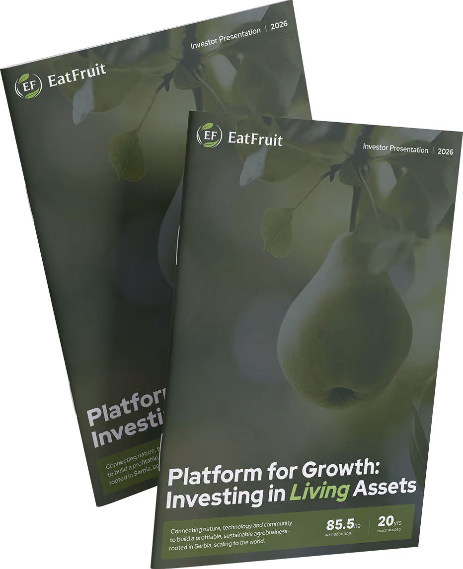 EatFruit investor presentation cover showing fruit, growth platform, 85.5ha production, 20 years track record.