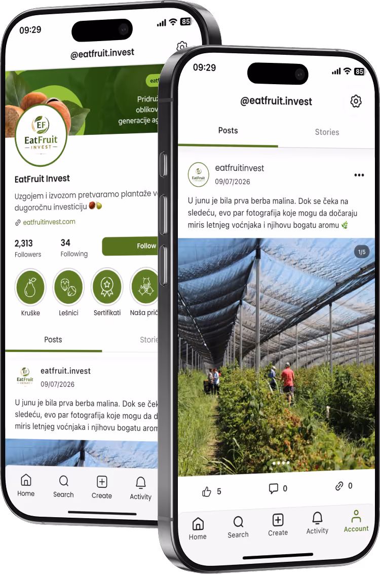 Two mobile phones show EatFruit Invest social media pages with farm images and investment info.