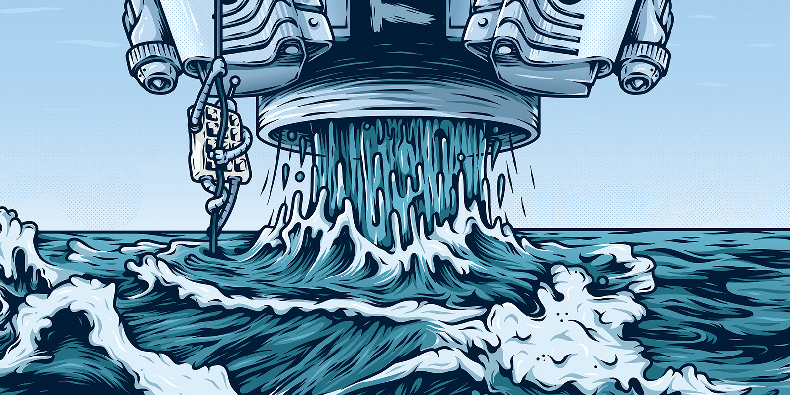 The Waffle Robot Army promotional illustration showing a large mechanical structure above rough ocean waves with a suspended figure.
