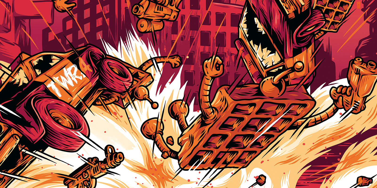 The Waffle Robot Army promotional artwork featuring weaponised waffle robots battling through an exploding city scene.