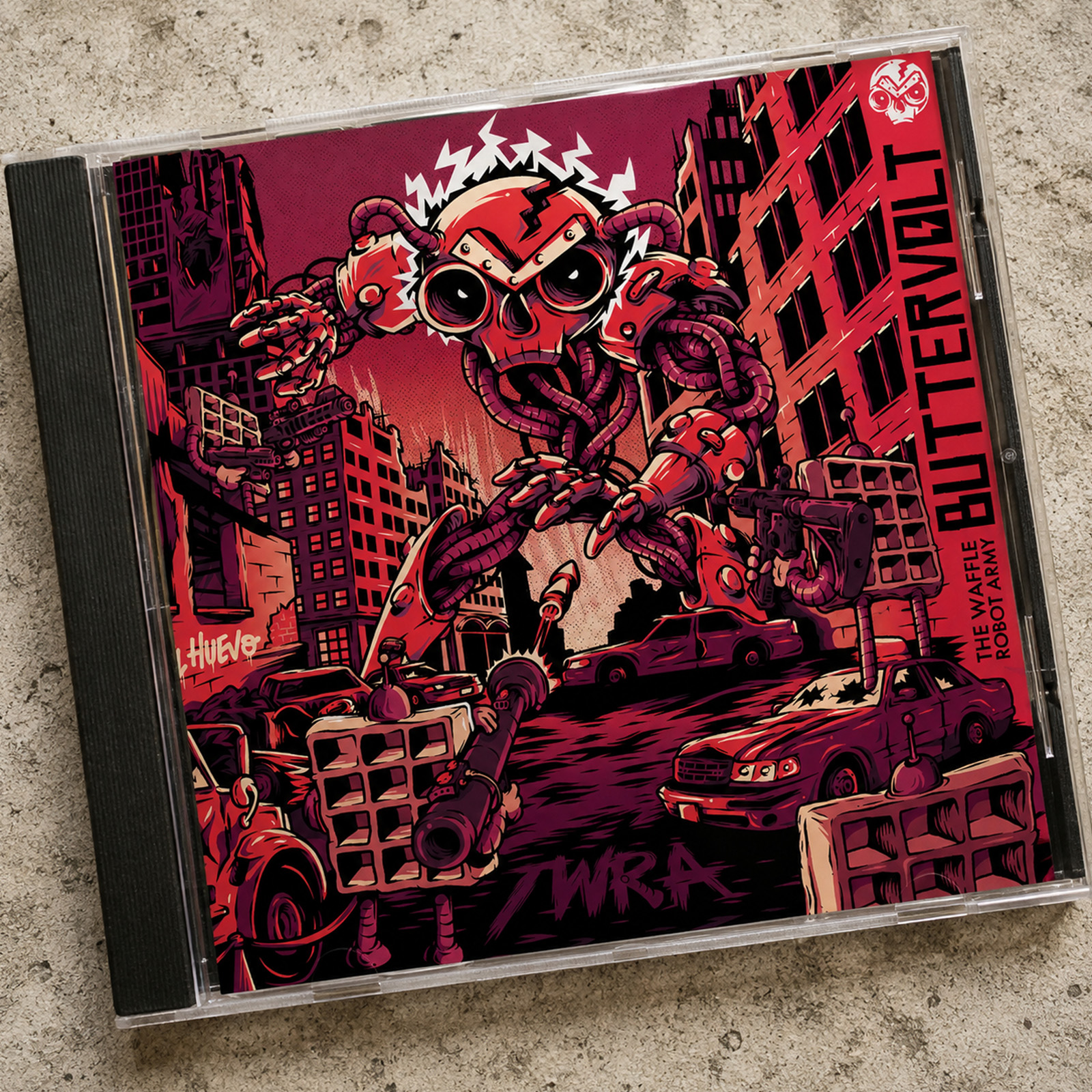 Buttervolt CD cover for The Waffle Robot Army featuring a giant mechanical character attacking a city filled with cars and smaller robots.