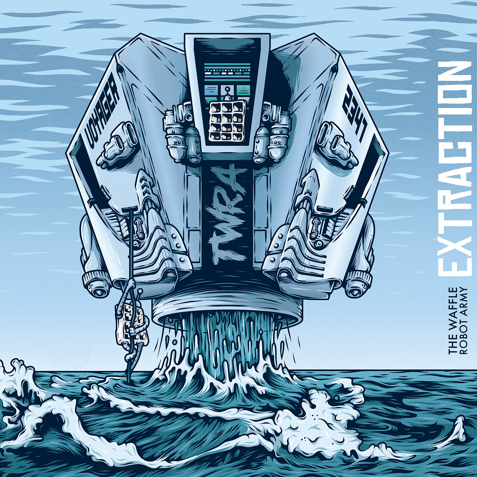 Extraction release artwork for The Waffle Robot Army featuring a mechanical craft rising above the ocean.