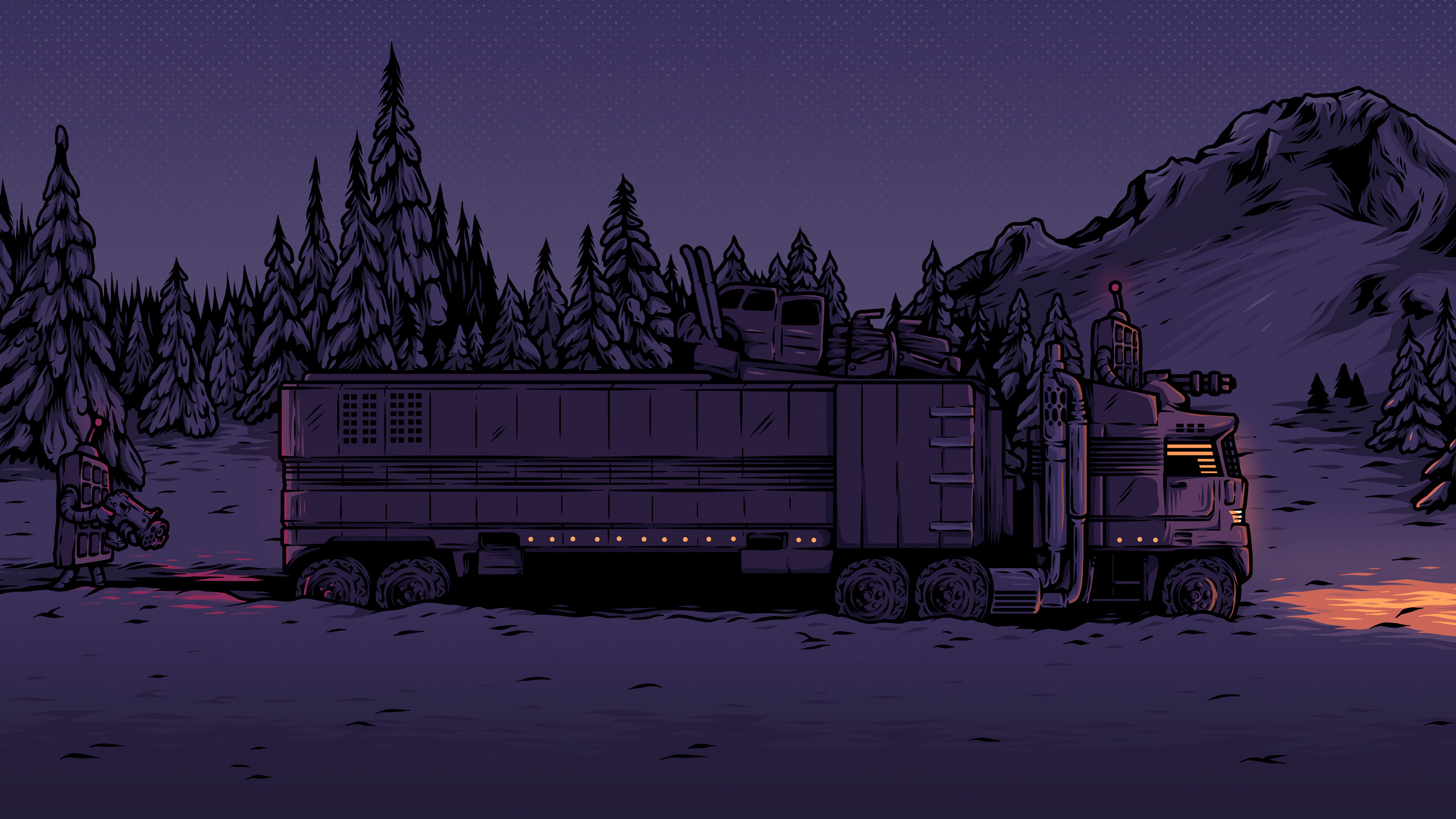 The Waffle Robot Army promotional illustration featuring a large military-style truck in a snowy forest landscape at night.