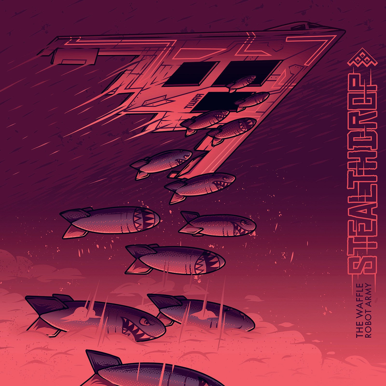 Stealthdrop release artwork for The Waffle Robot Army featuring a futuristic aircraft surrounded by shark-shaped missiles.
