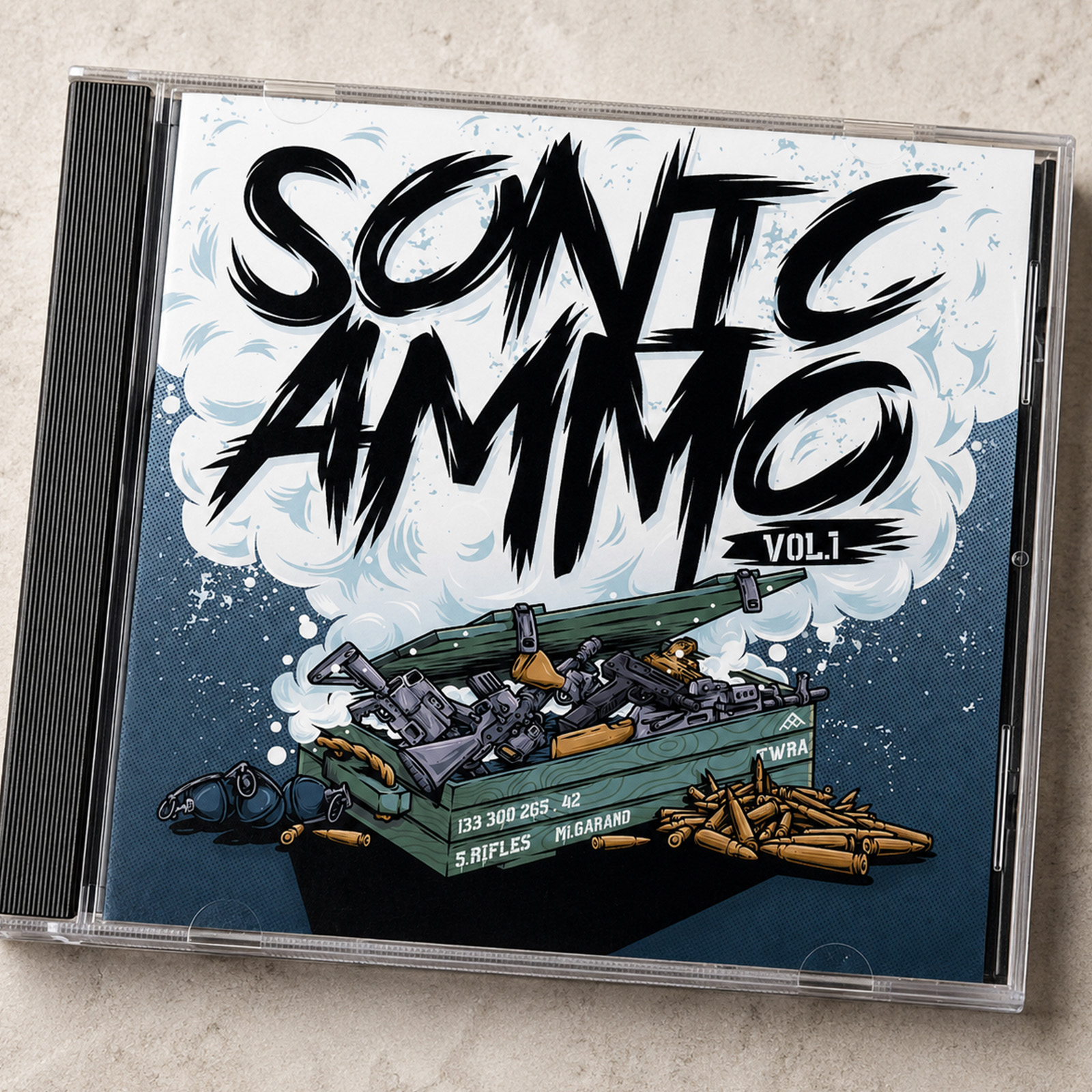 Sonic Ammo Vol. 1 CD cover for The Waffle Robot Army featuring an illustrated weapons crate filled with rifles and ammunition.